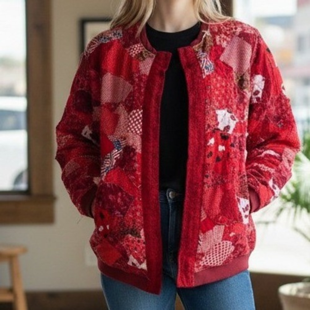 Hanes Custom Upcycled Patchwork Quilt Cardigan Womens Large Red Wearable Art